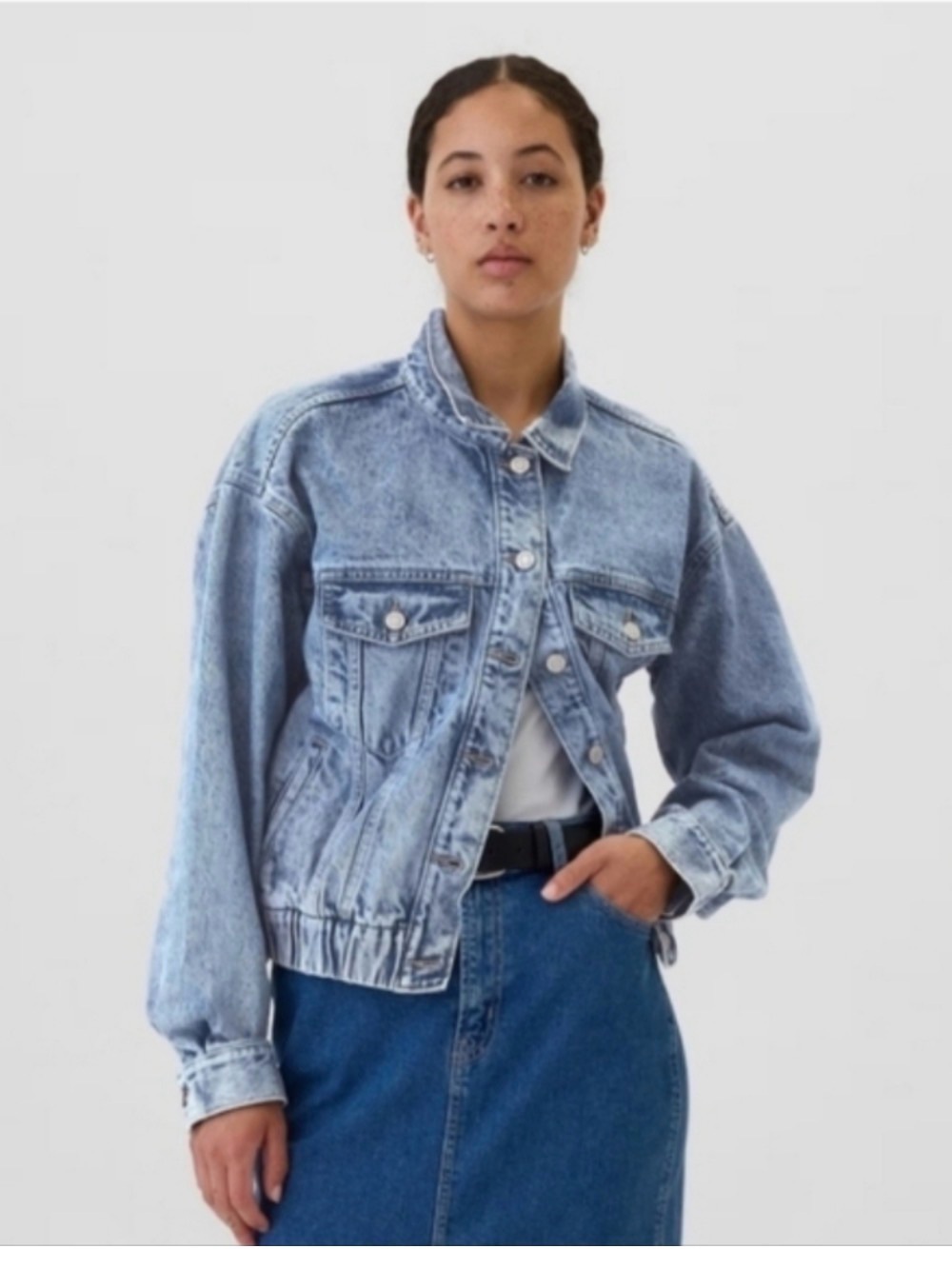 GAP Women’s Sz XL Unisex Streetwear Cotton Denim Bomber Jacket Medium Wash Blue